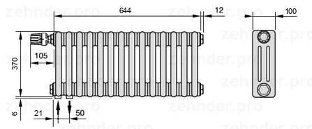 Схема (чертеж) Радиатор Zehnder Charleston 3037/14 №V001 Белый глянцевый RAL 9016